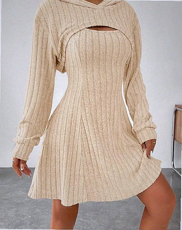 Einfarbiges geripptes Kleiderset, langärmliges Kapuzen-Bolero-Oberteil Kleid