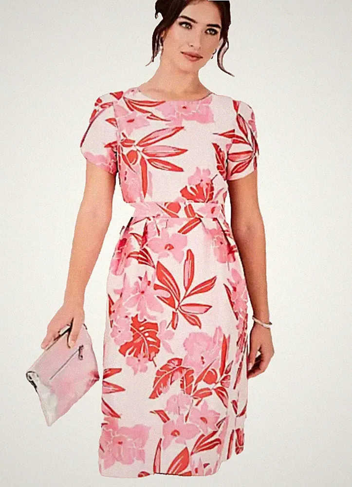 Einheitsgröße 14 rosa gefüttert Jacquard Blumen Anlass KLEID Gürtel Hochzeit Gast £65