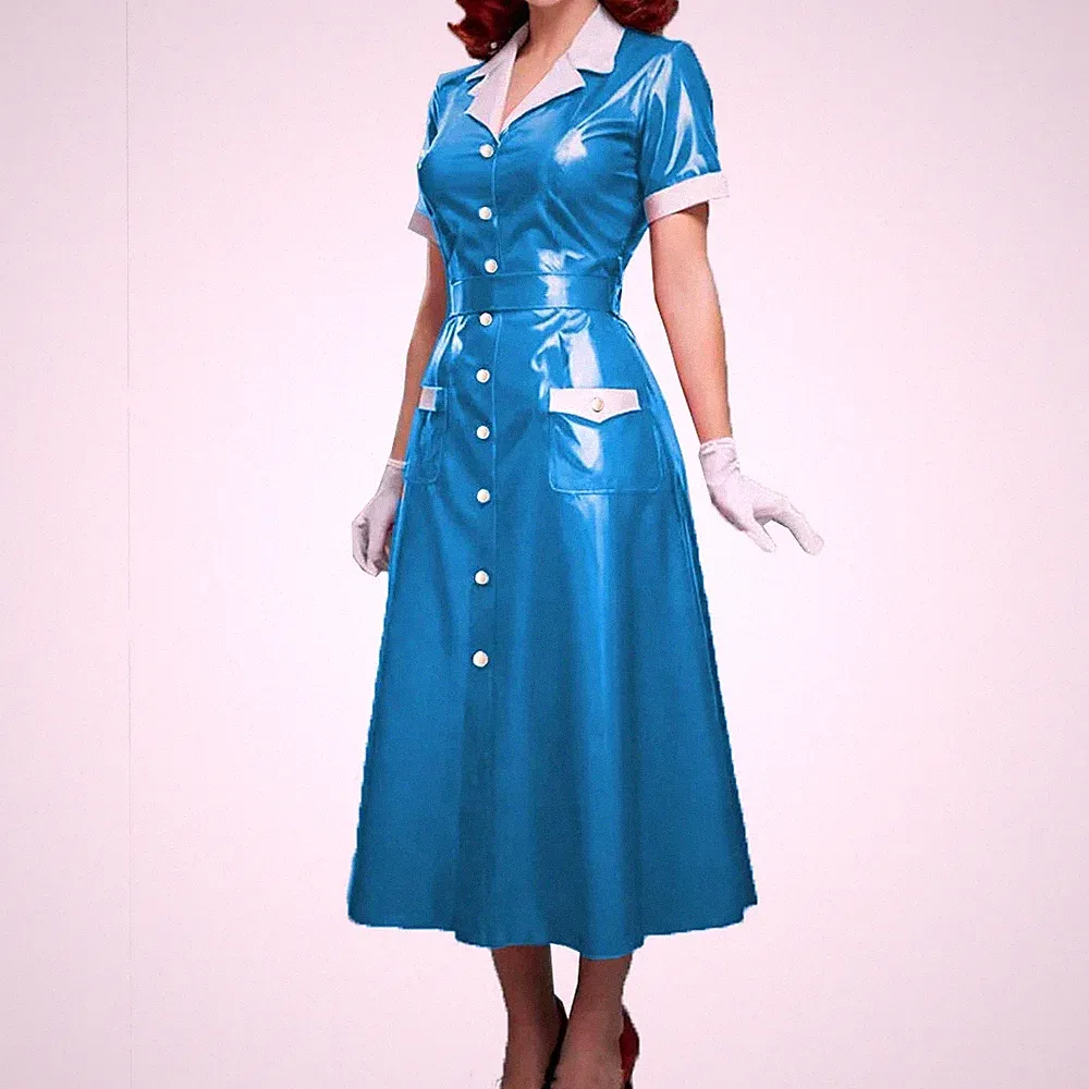 Einreihiges Knopf Slim Fit Revers Kurze Ärmel Taille Cinched A-Linie Kleid