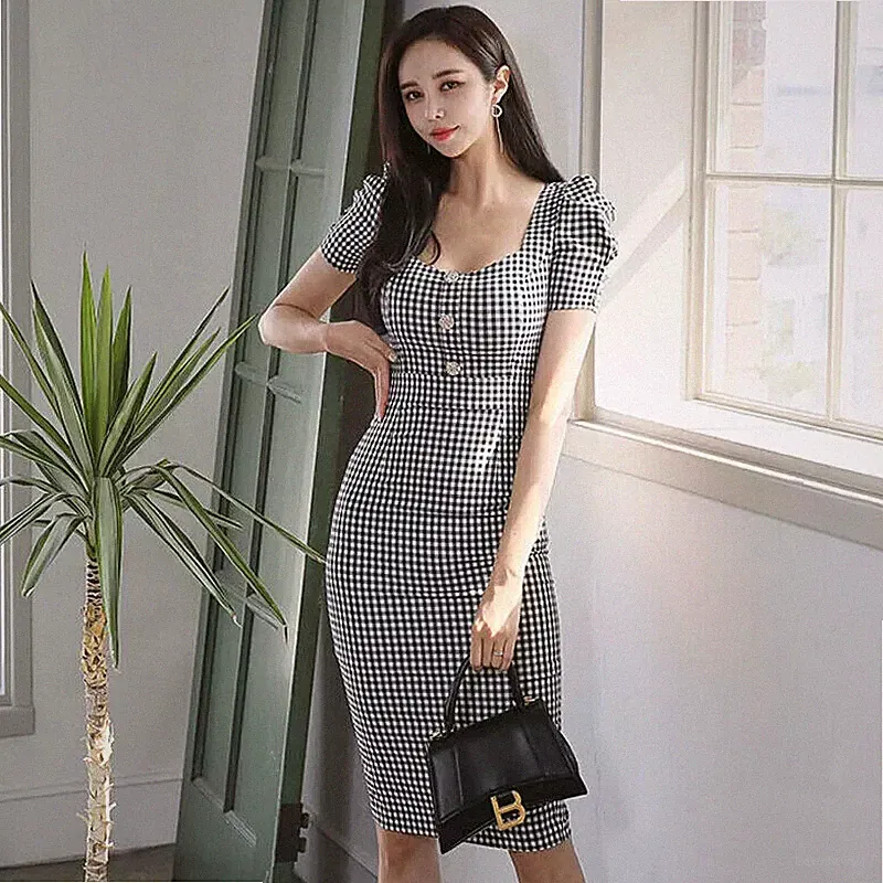 Elegant Kleid Frau Etuikleid Weiß Schwarz Kurze Ärmel Elegant Schlank A116