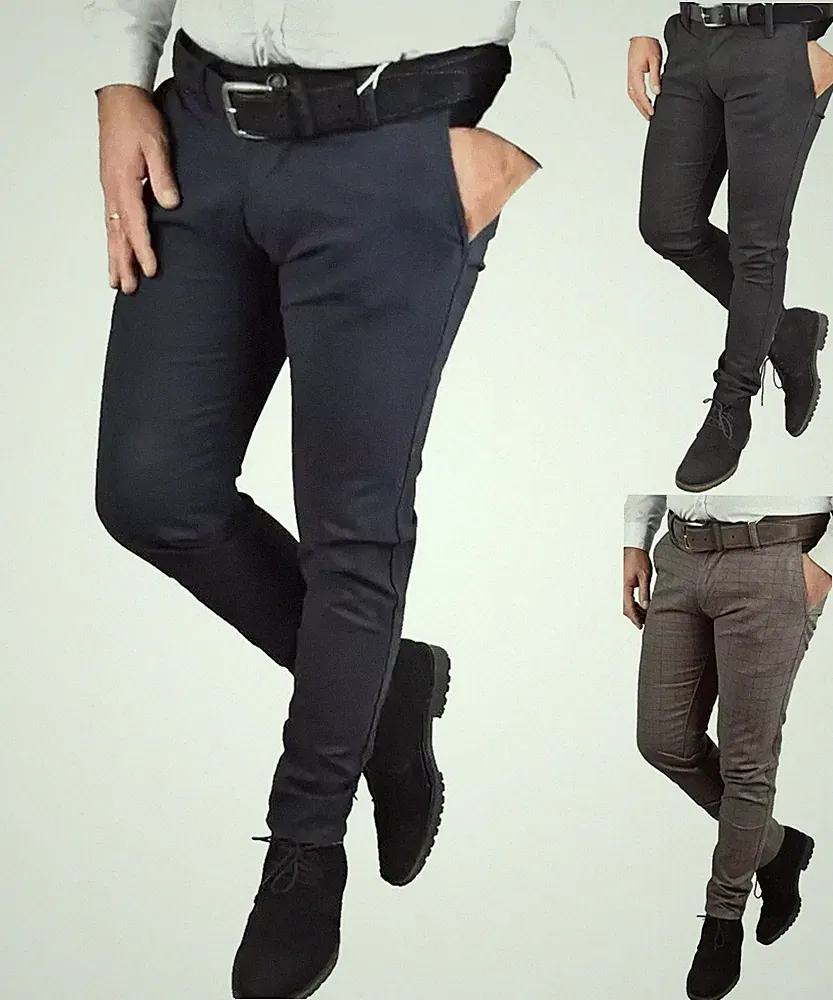 Elegante Herren Winter Hose Slim Fit Stretch Chino Baumwolle Kariert