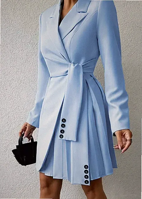 Elegante Polyester A-Linien-Kleid mit Reverskragen und Kunstknöpfen, einfarbig