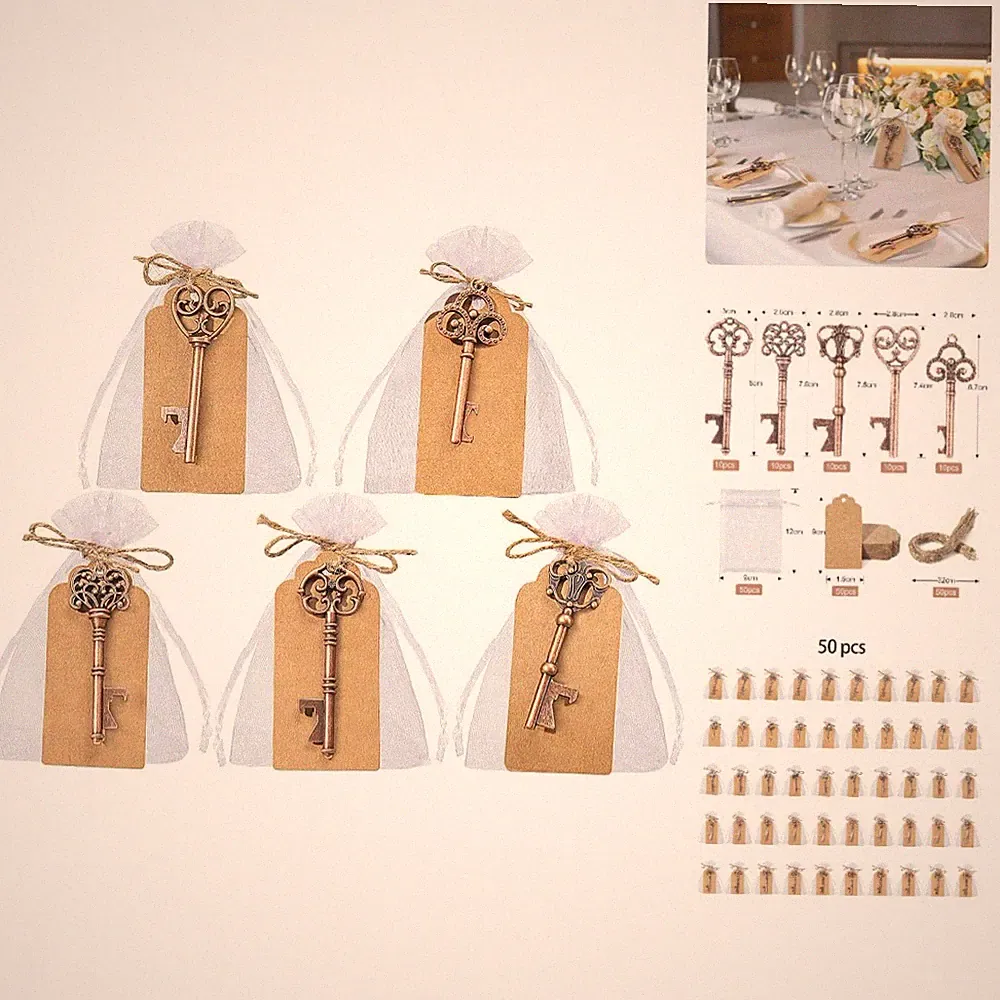 Elegante Vintage Flaschenöffner mit DIY-Karten & Geschenktüten - 50 Stück