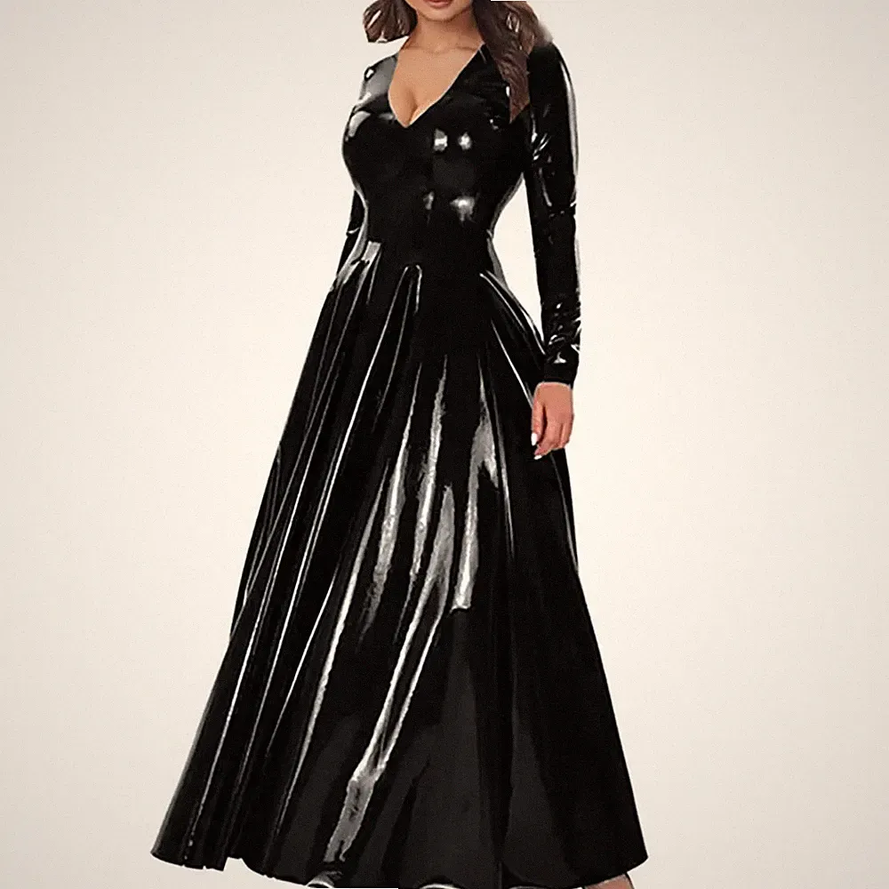 Elegantes A-Linie Cocktail Party Kleid Frauen Langarm PVC Leder Maxikleid
