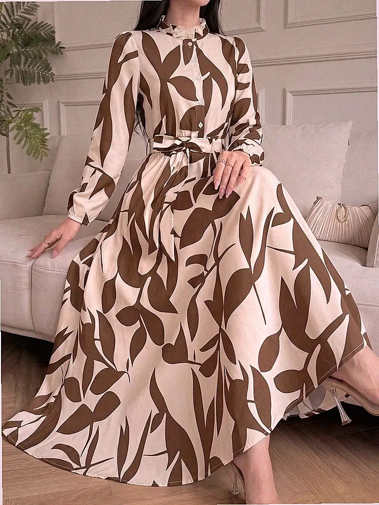 Elegantes A Linien Damenkleid mit Blumenmuster und Stehkragen