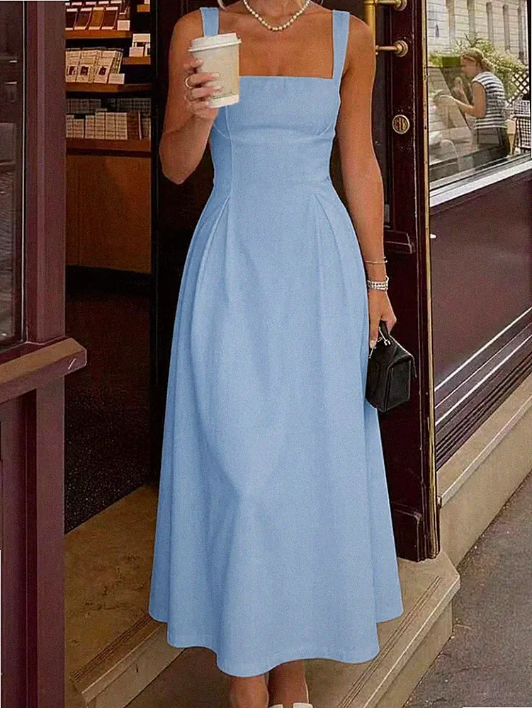 Elegantes A Linien Damenkleid mit quadratischem Ausschnitt in Gelb