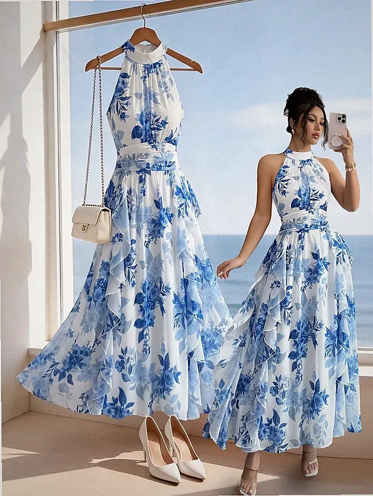 Elegantes A Linien Damenkleid mit Stehkragen und Blumenmuster