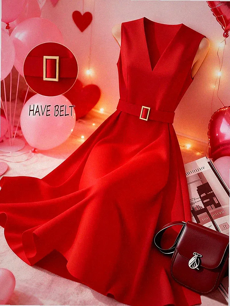 Elegantes A Linien Kleid für Damen mit V Ausschnitt in Rot