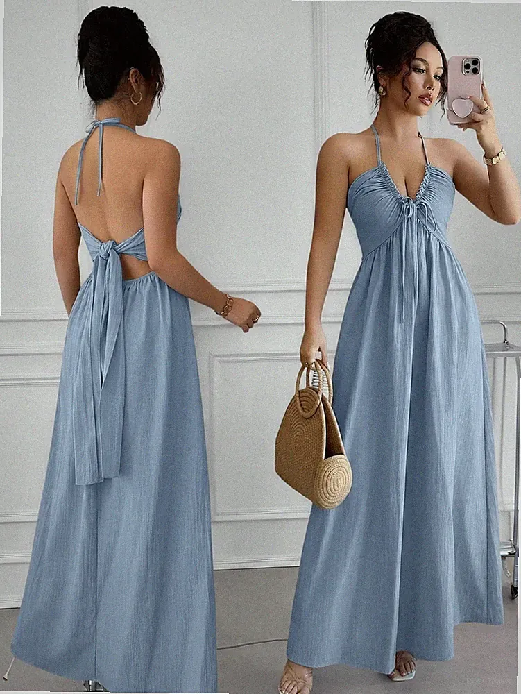 Elegantes A Linien Kleid in Grau mit Neckholder Ausschnitt