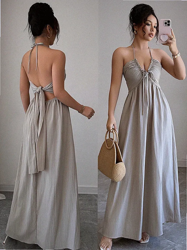 Elegantes A Linien Kleid in Grau mit Neckholder Ausschnitt
