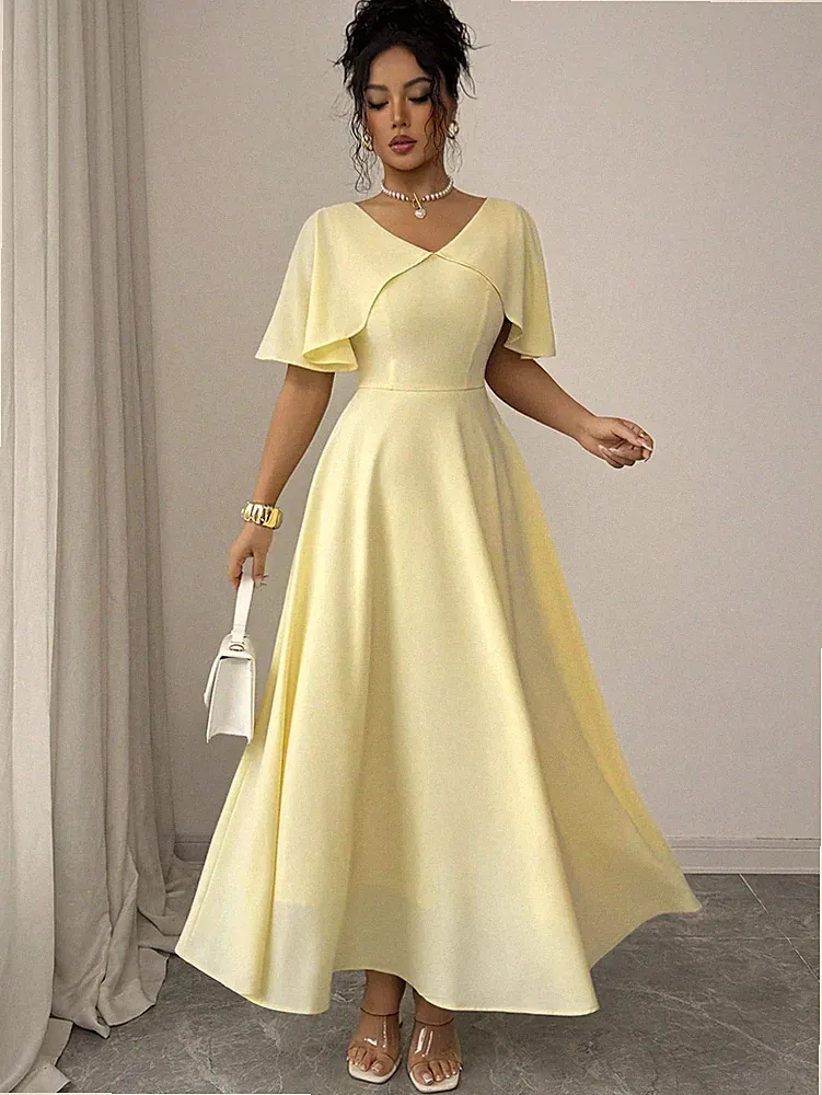 Elegantes A Linien Kleid mit V Ausschnitt in Hellgelb