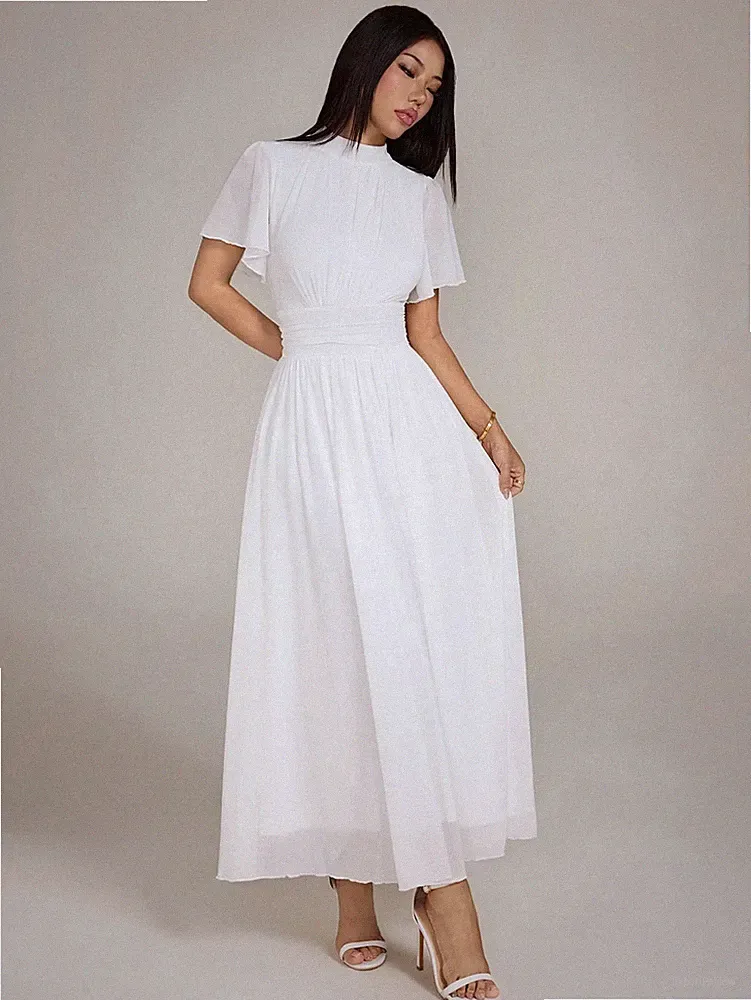 Elegantes A Linien Rüschenkleid für Damen mit Stehkragen