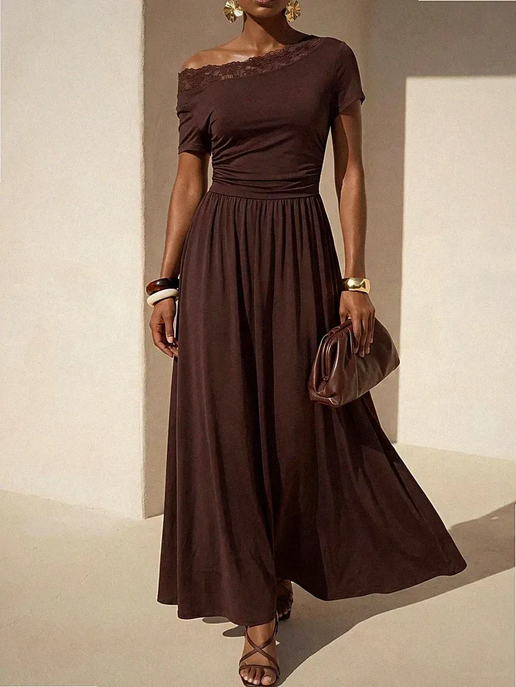 Elegantes A Linien Sommerkleid in Braun mit One Shoulder Design
