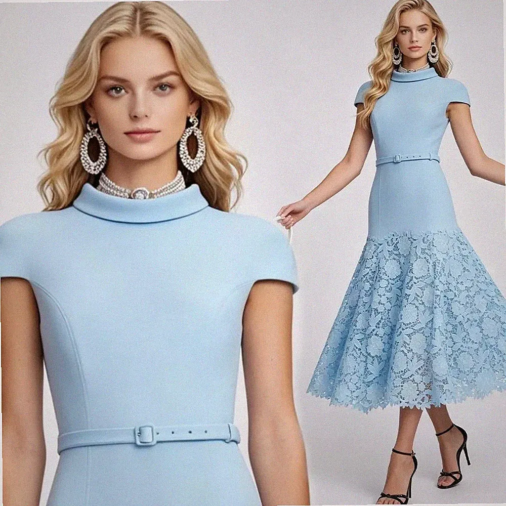 Elegantes Azzurro Kleid Mit Spitze Midi Für Damen Zu Anlass CF72894