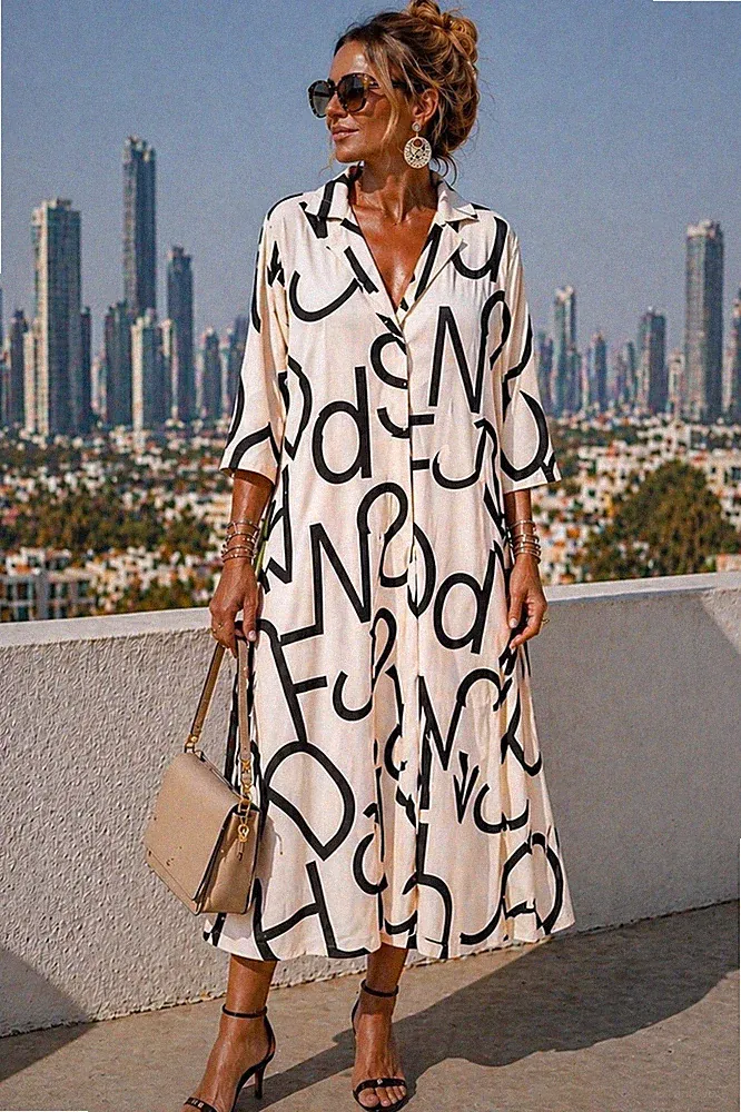 Elegantes Baumwoll Midi Kleid Schwarz Beige Print locker A Linie Sommer modern!