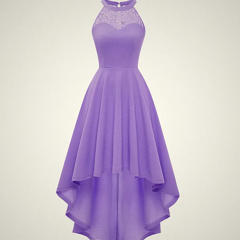 Elegantes Cocktailkleid Abendkleid aus Spitze High-Low Lila L