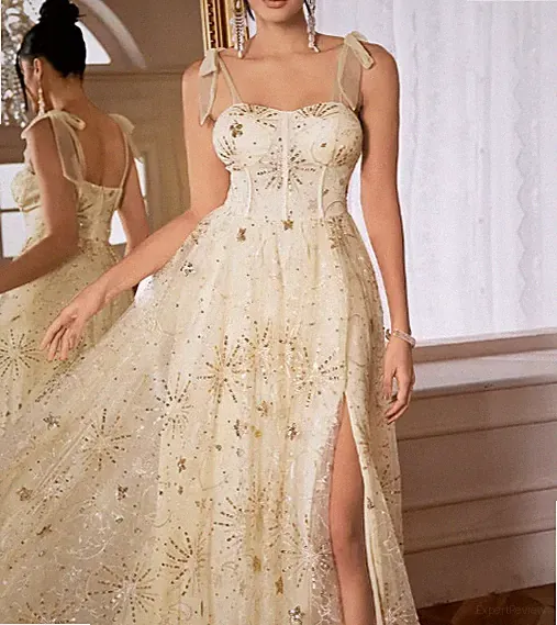 Elegantes Creme-Pailletten- & Stickerei-A-Linien-Kleid mit zarten Trägern