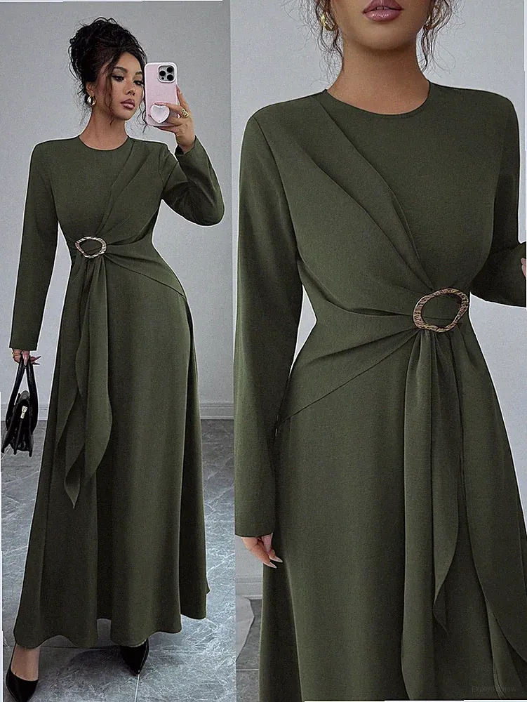 Elegantes Damen A Linien Kleid in Armeegrün mit Rundkragen