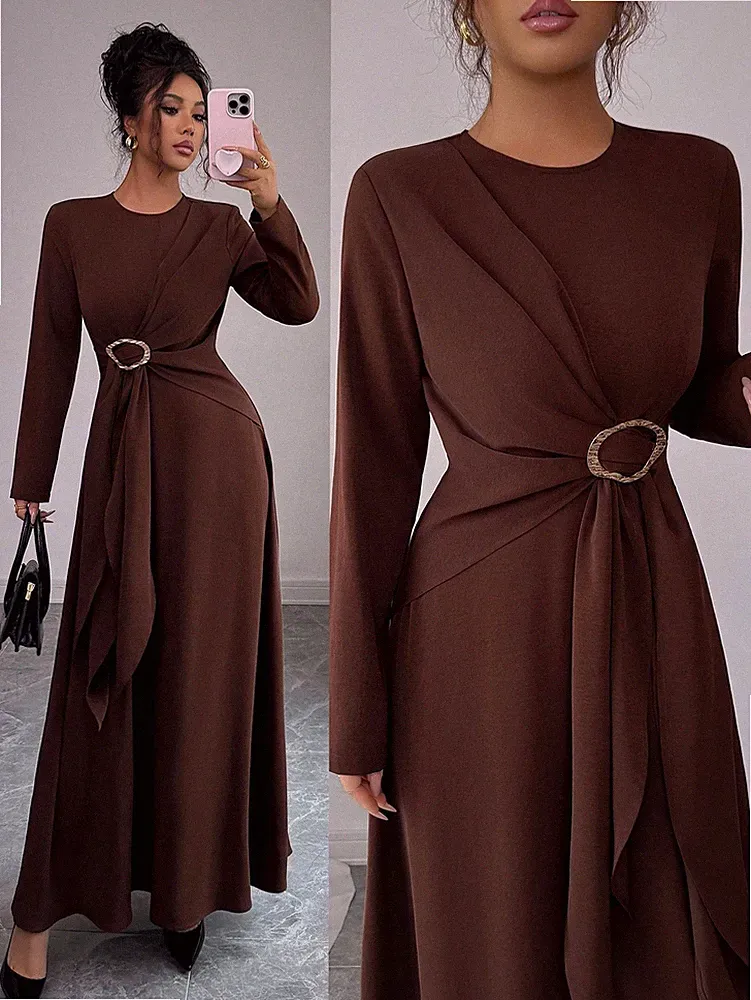 Elegantes Damen A Linien Kleid mit Rundkragen und langen Ärmeln