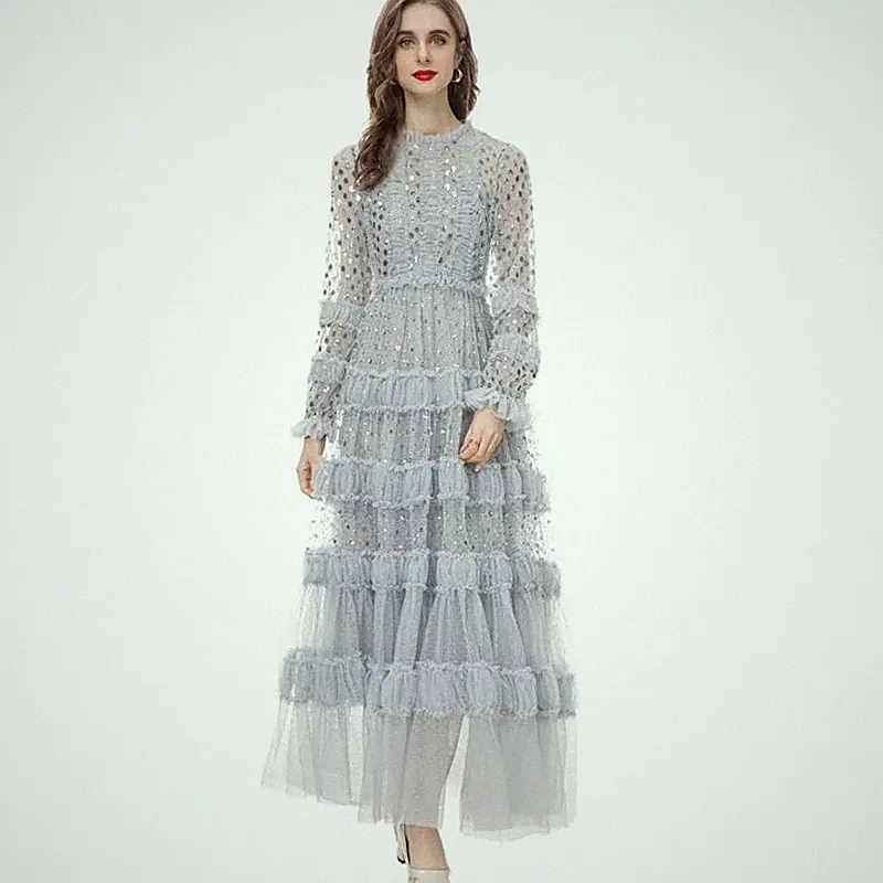 Elegantes Damen Abendkleid Lungo bis Knöchel Grau Raso Bon-ton Spitze 22207