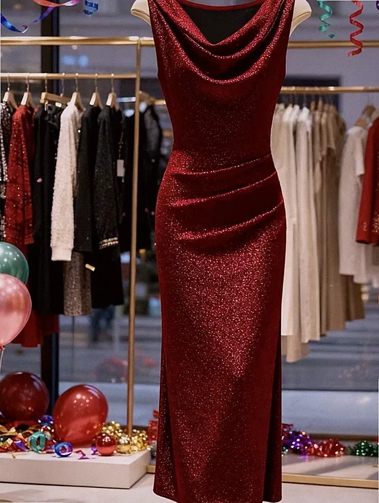 Elegantes Damen Etui-Kleid Midi ärmellos Wasserfallausschnitt Glitzer rot