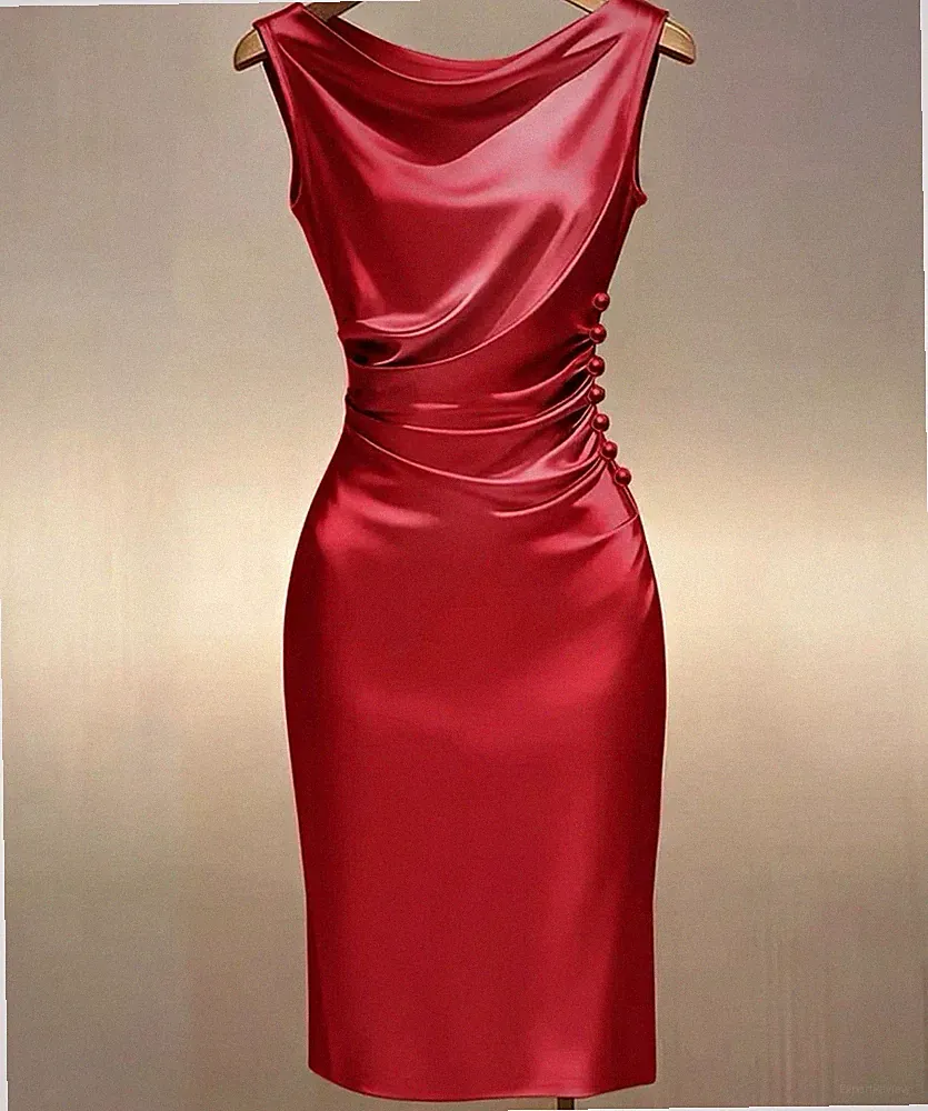 Elegantes Damen Etuikleid Satin rot ärmellos knielang drapiert Falten Knöpfe
