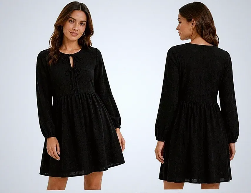 Elegantes Damen Kleid Schwarz Langarm Schleifen-Detail A-Linie Mini Kleid 943846