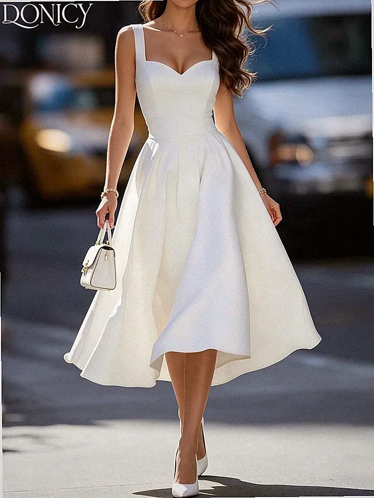 Elegantes Damen Midi A Linien Kleid mit Herzausschnitt
