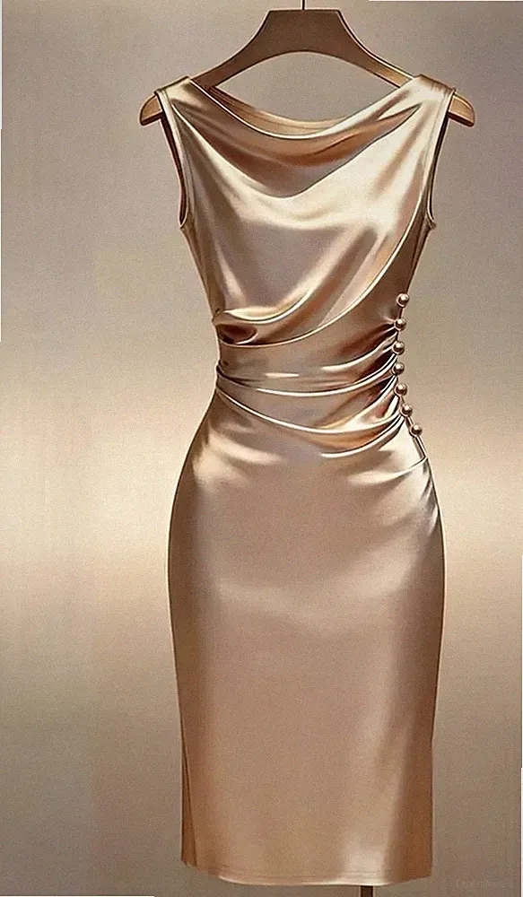 Elegantes Damen Satin Etuikleid knielang champagner ärmellos Wasserfall Perlen