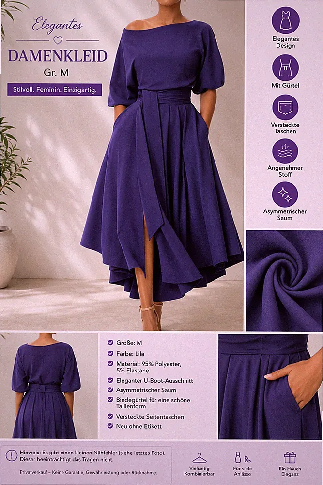 Elegantes Damenkleid Gr. M lila A-Linie mit Gürtel & Taschen Neu ohne Etikett