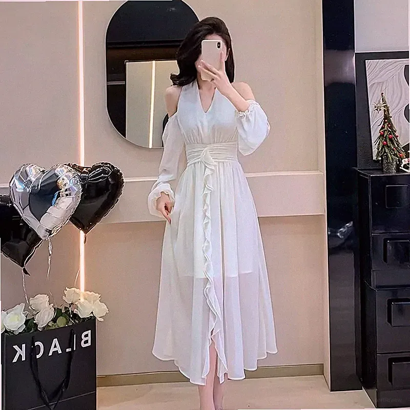 Elegantes Damenkleid Lang Weich Fließend Raso Weiß Slim 34537