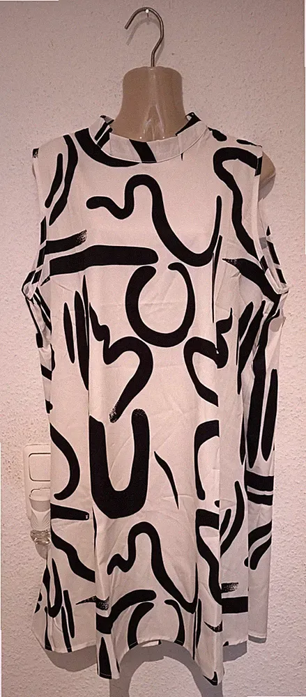 ​Elegantes Etuikleid / Long-Tunika Gr. 46 Grafik-Print Schwarz Weiß Muster