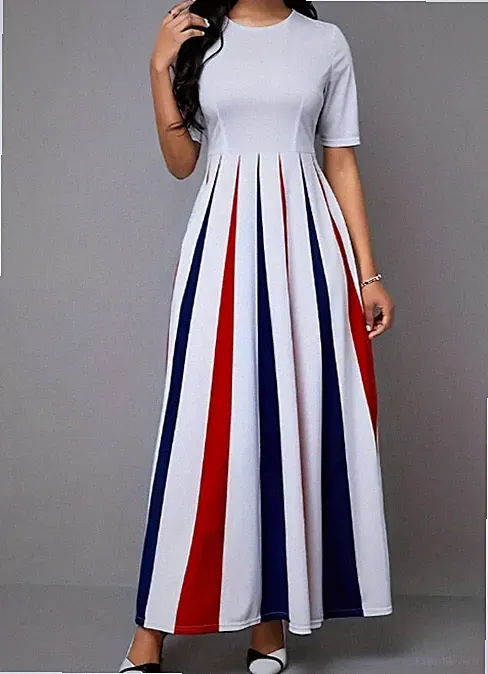 Elegantes Farbblock A-Linien-Kleid für Damen - Hohe Taille, kurzarm, Rundhals