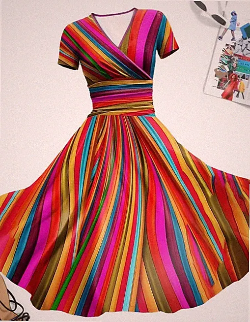 Elegantes Frühlings- & Sommerkleid mit Streifenmuster - V-Ausschnitt, dehnbar