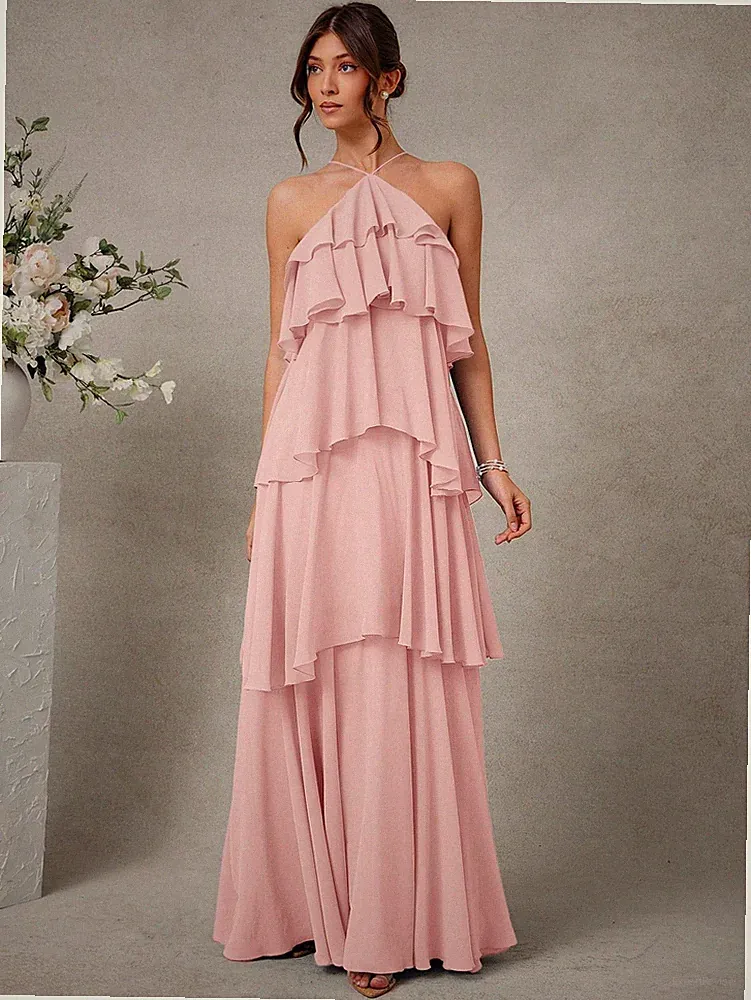 Elegantes Hochzeitsgast Maxikleid aus Chiffon in Pink