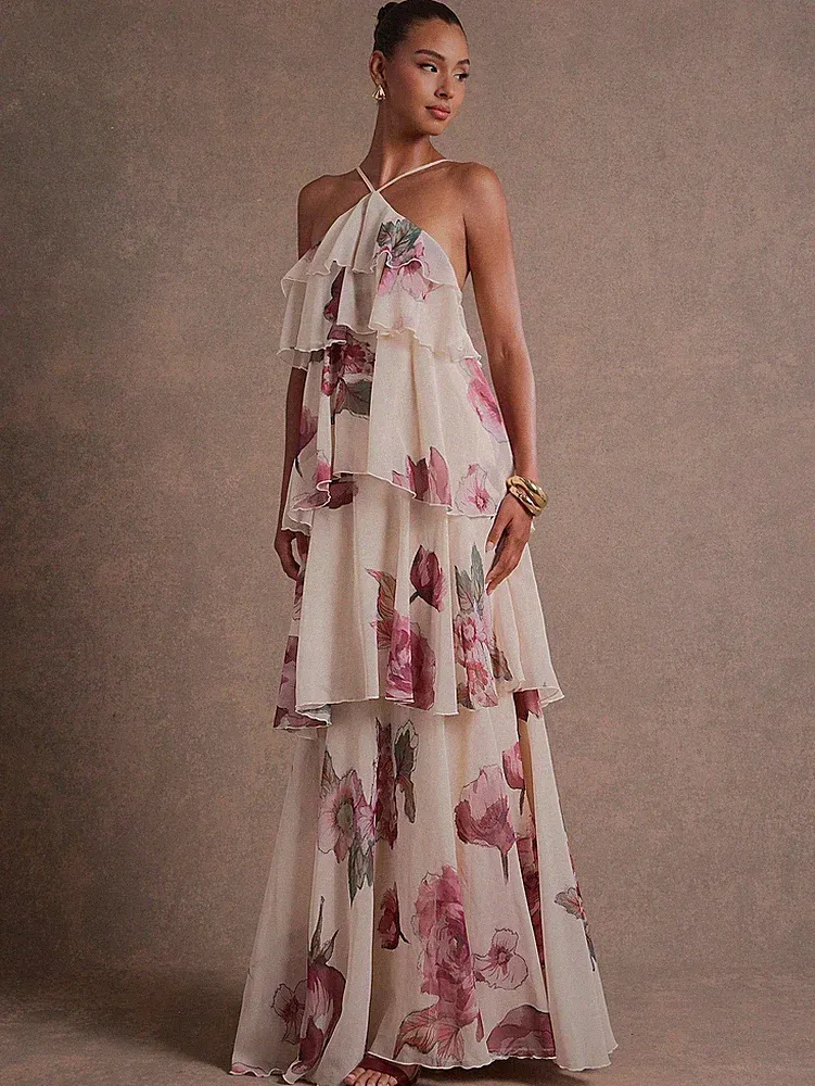 Elegantes Hochzeitsgast Maxikleid mit Chiffonvolants und Blumenmuster