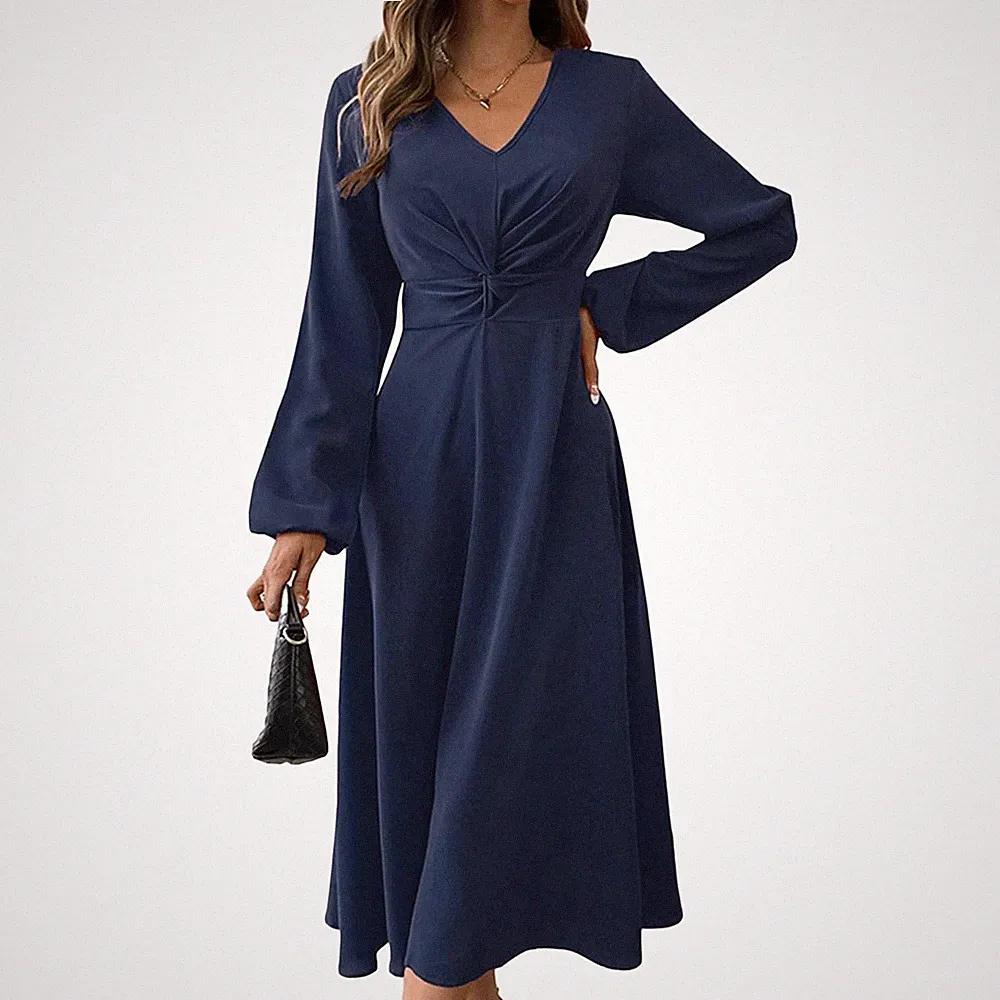 Elegantes Kleid Langarm Damen VHals Fitted Taille ALinie Cocktailkleid für Fr...