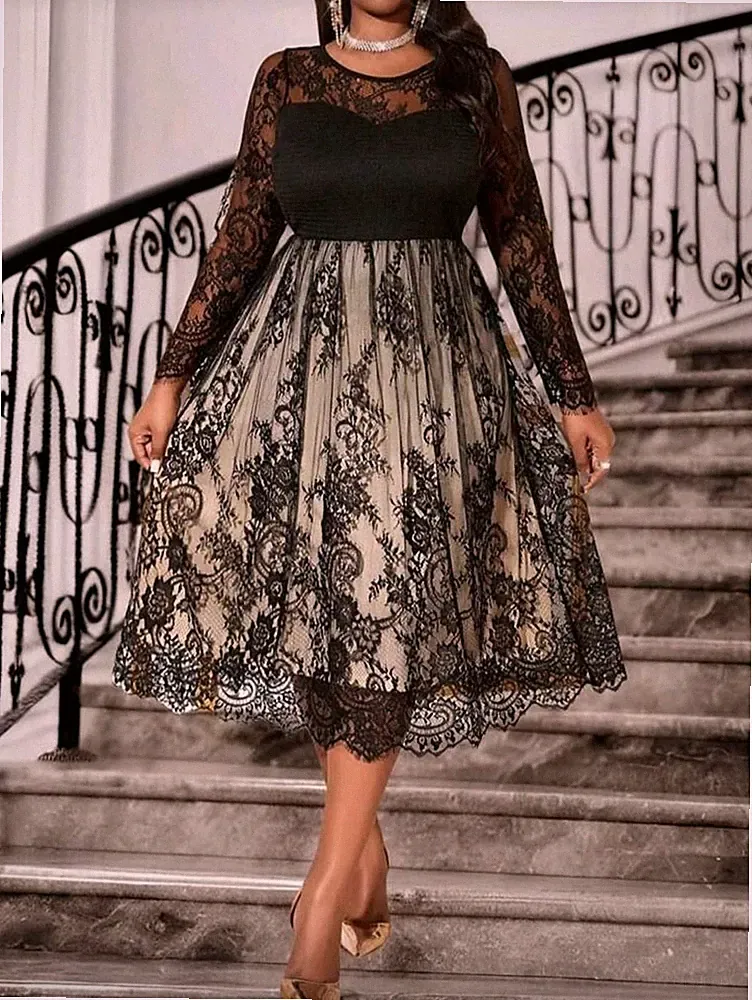 Elegantes Kleid Langarm Spitze Farbe Schwarz Damenkleid Bequeme Größen