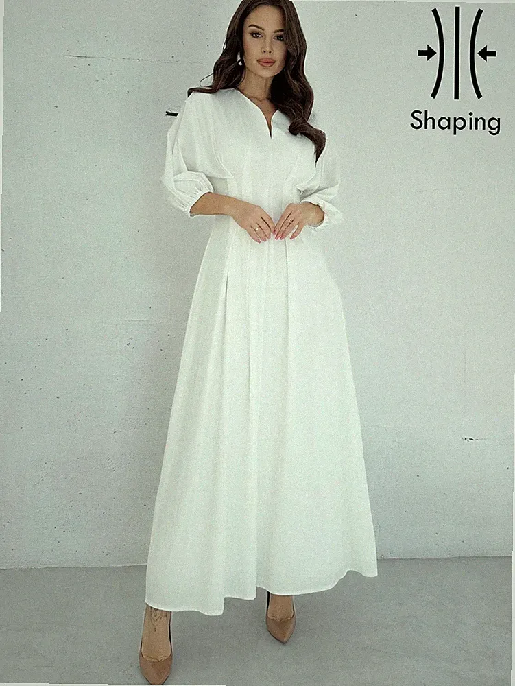 Elegantes langes A Linien Kleid in Weiß mit V Ausschnitt