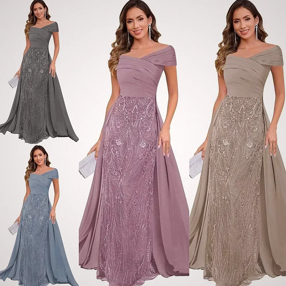 Elegantes langes Abendkleid schulterfrei Chiffon Pailletten für Mutter der Braut