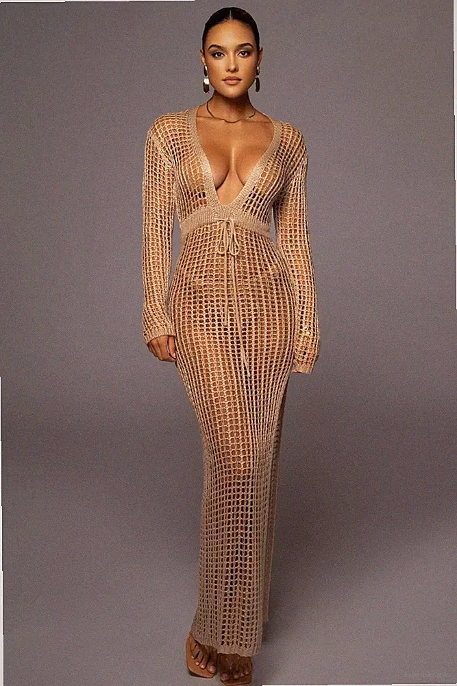 Elegantes Langes Kleid Beige Durchbrochenes Transparentes Netz 66712