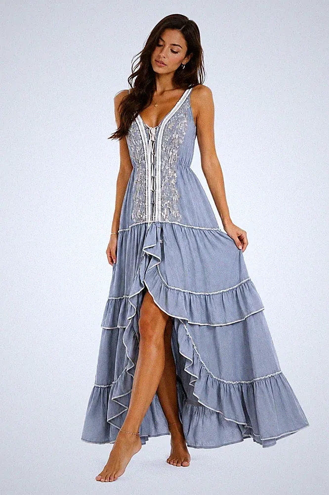 Elegantes langes Kleid Damen hellblau bestickt 100% Baumwolle Maxikleid Gr. U Indien