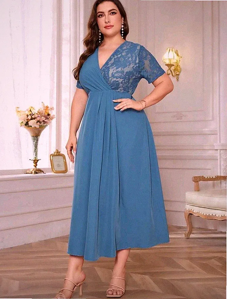 Elegantes langes Kleid mit Kurzarm und Spitze Damenkleid Übergröße