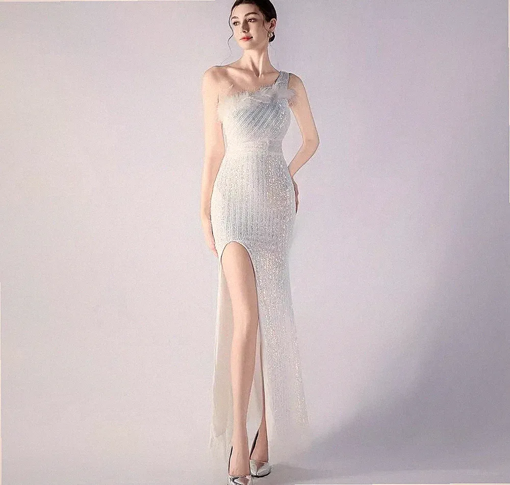 Elegantes Langes Kleid Weiß Weichfließend Raso Strass Meerjungfrau Event 25756