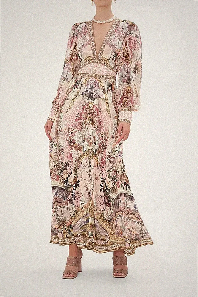 Elegantes Maxikleid Mit Blumenmuster Tiefem Ausschnitt Lange Ärmel