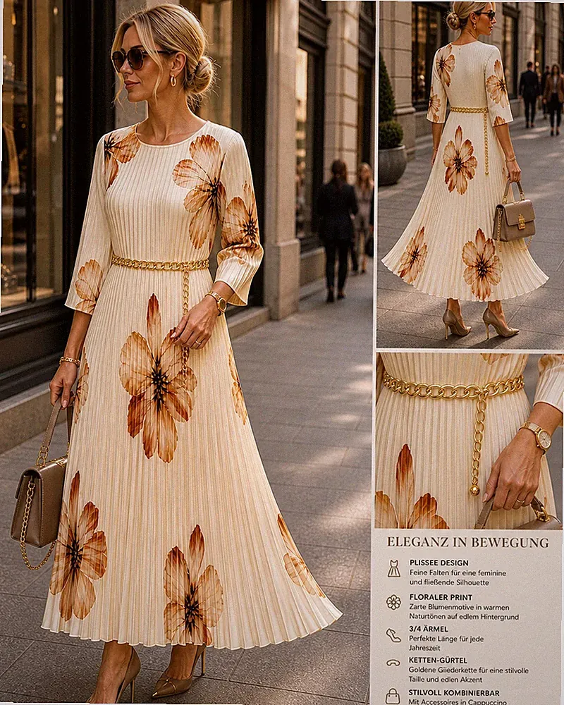 Elegantes Plissee-Kleid mit Blumenprint – 3/4 Ärmel M/L
