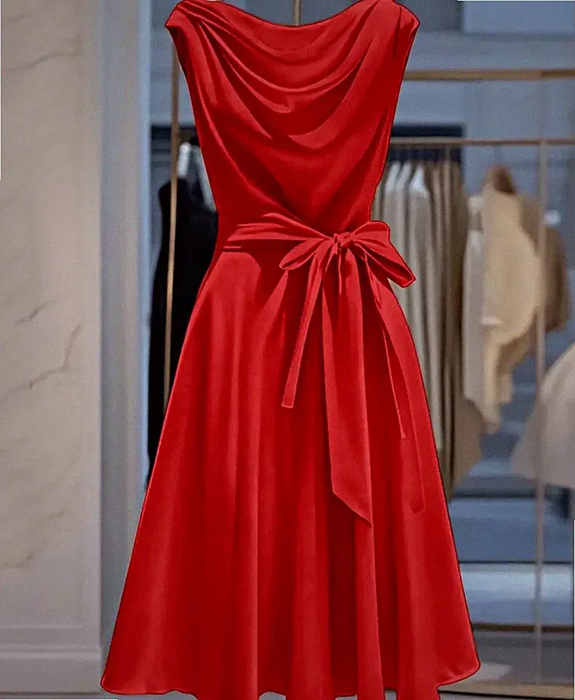 Elegantes rotes Satin Midi A-Linien-Kleid ärmellos Wasserfallausschnitt Schleife