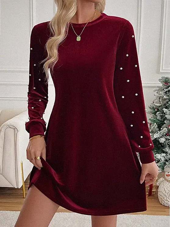 Elegantes Samtkleid mit Perlenakzenten - Laternenärmel, Rundhalsausschnitt, rot