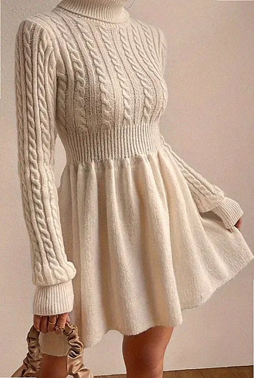 Elegantes Strickpullover-Kleid mit Stehkragen und A-Linien-Midirock - Winter