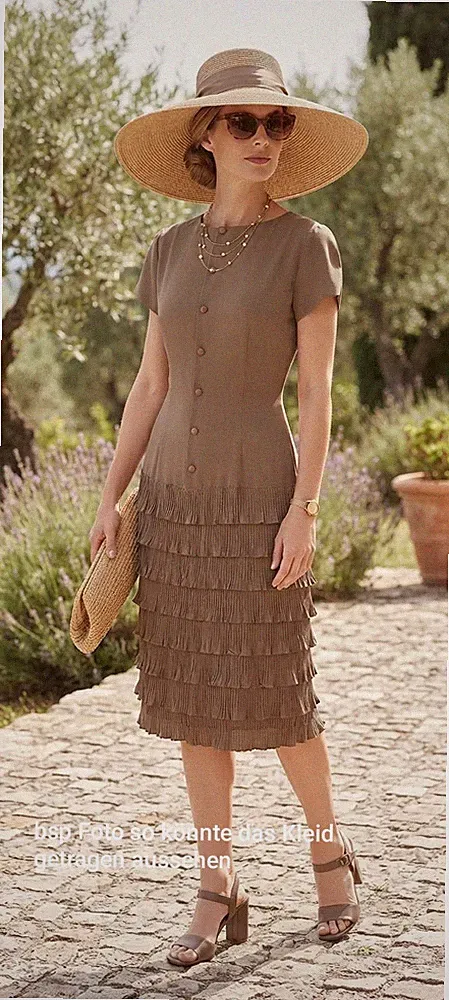 Elegantes Vintage Kleid Gr. 38/40 M/L Taupe Rüschen Knopfleiste